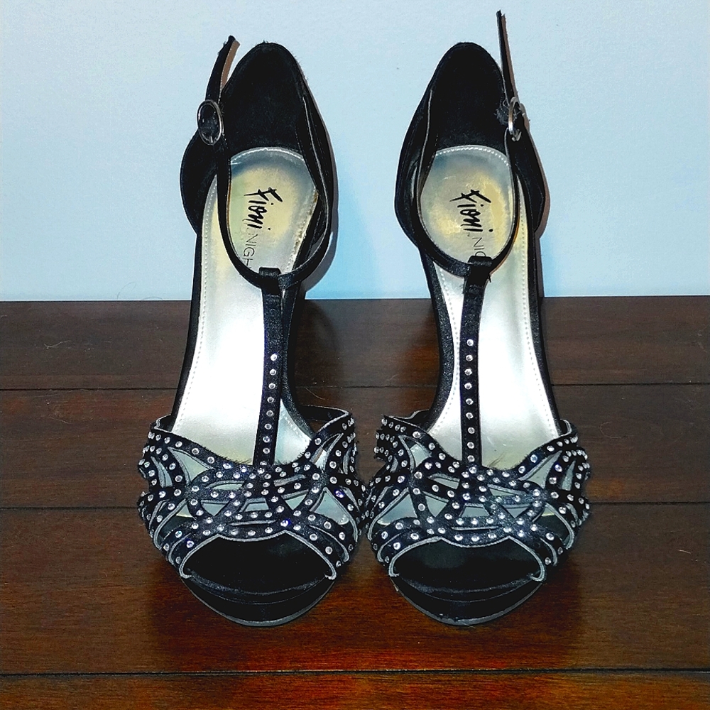 Fioni Night Black Satin Rhinestone Heels Size 9W